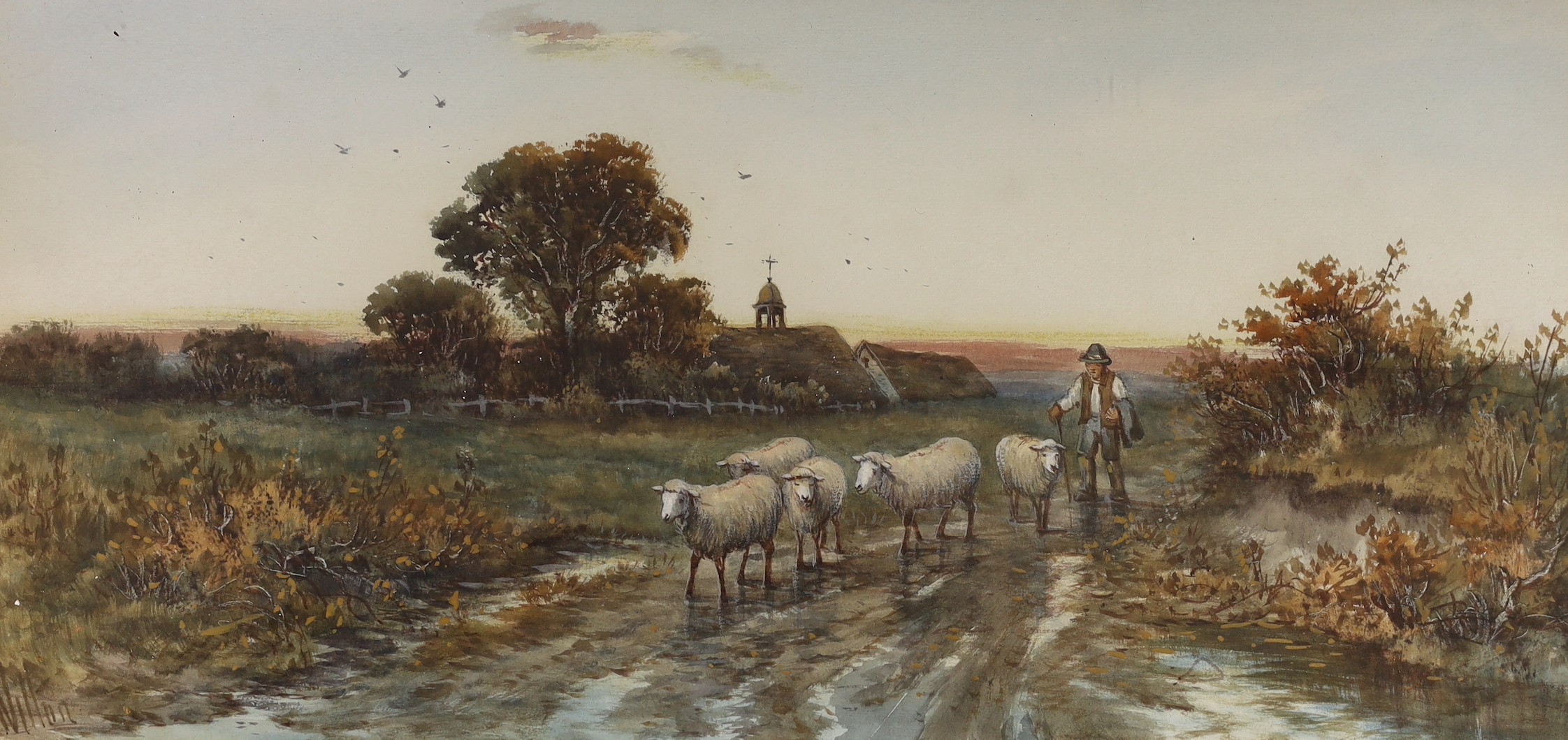 J. Wilton, watercolour, Shepherd and flock returning home, signed, 25 x 51cm